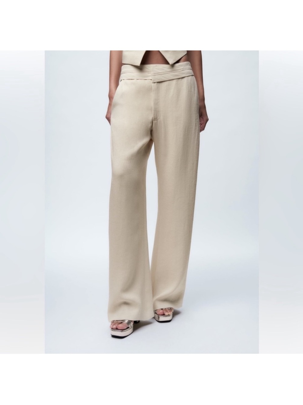 ZARA CONTRAST WAIST LINEN BLEND PANTS